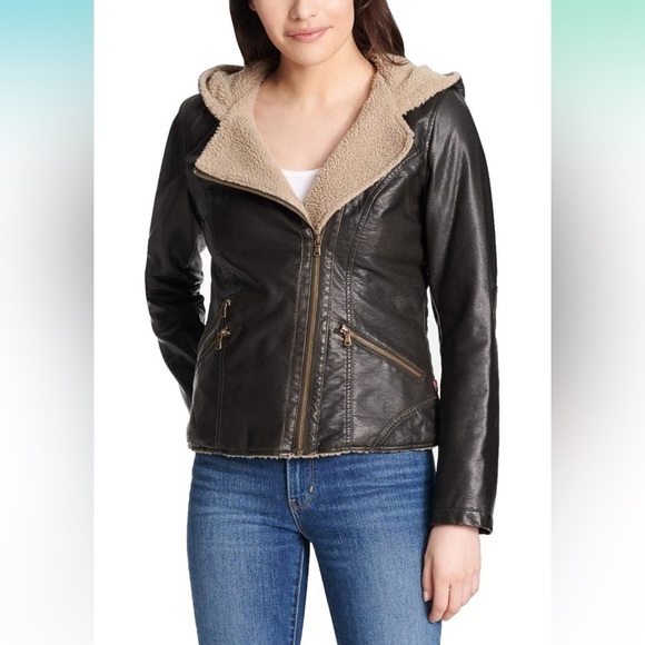 Levi's Jackets & Blazers - Levi's Women's Asymetrical Sherpa Lined Faux Leather Hooded Jacket Elbow Patch